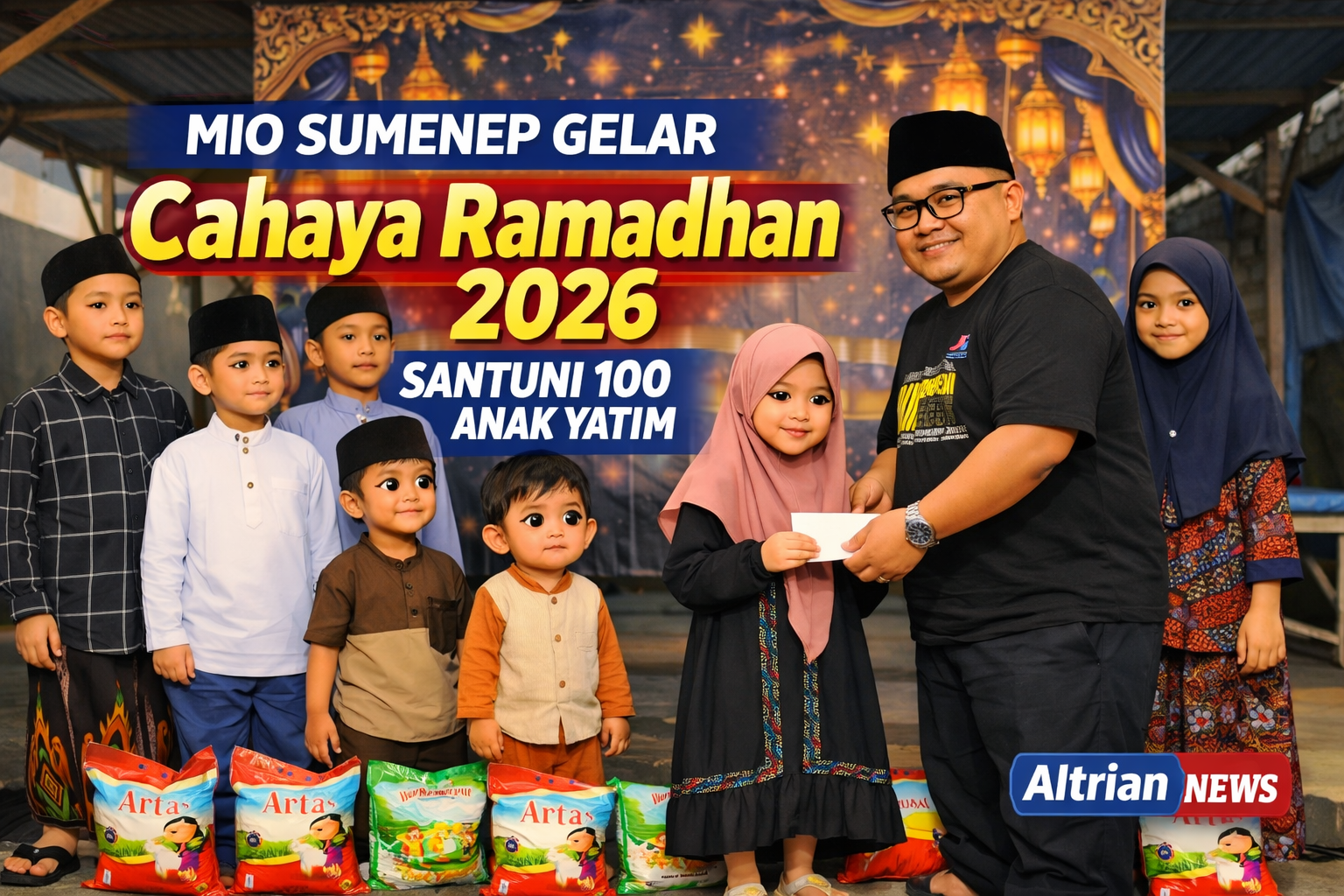 Candra Hasan menyerahkan santunan kepada anak yatim dalam kegiatan Cahaya Ramadhan 2026 MIO Sumenep. Penulis: Acan Editor: Tim Altrian News Penerbit: Altriannews.com MIO Indonesia Sumenep, Cahaya Ramadhan 2026, Santunan Anak Yatim, Buka Puasa Bersama, Berbagi Takjil, Sumenep Madura, BPRS Bhakti Sumekar, RSUD dr H Moh Anwar Sumenep